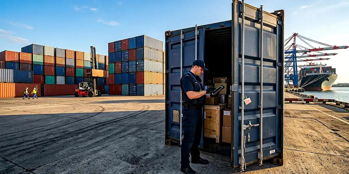 Customs officer inspecting cargo inside an open shipping container at a port, with a container ship docked behind