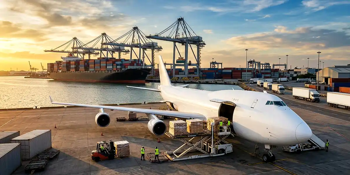 Cargo plane being loaded with airfreight pallets at a port, with a container ship and gantry cranes in the background
