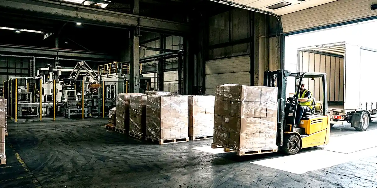 Forklift loading wrapped pallets onto a delivery truck inside a manufacturing warehouse