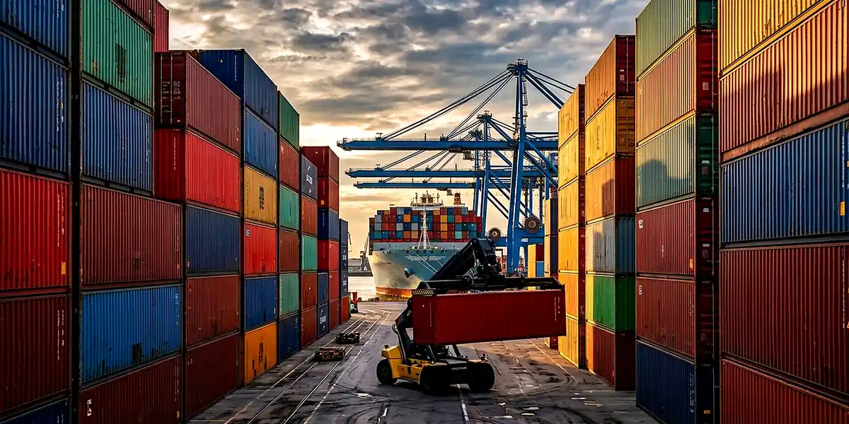 Reach stacker moving a shipping container through a container terminal with a docked vessel in the background