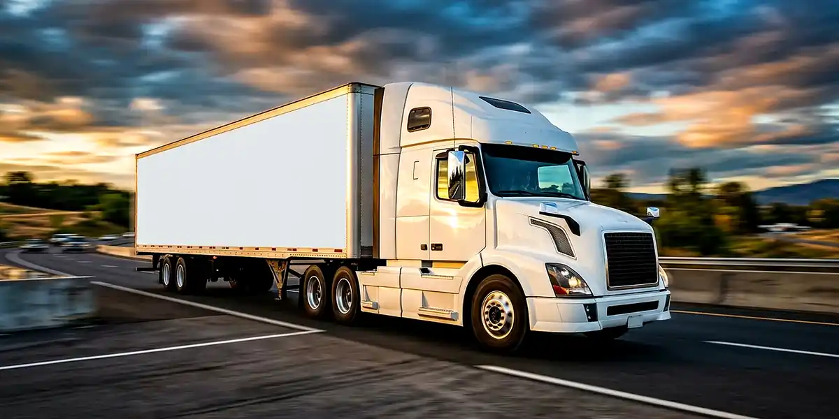 Semi-truck with a trailer driving on a highway at dusk