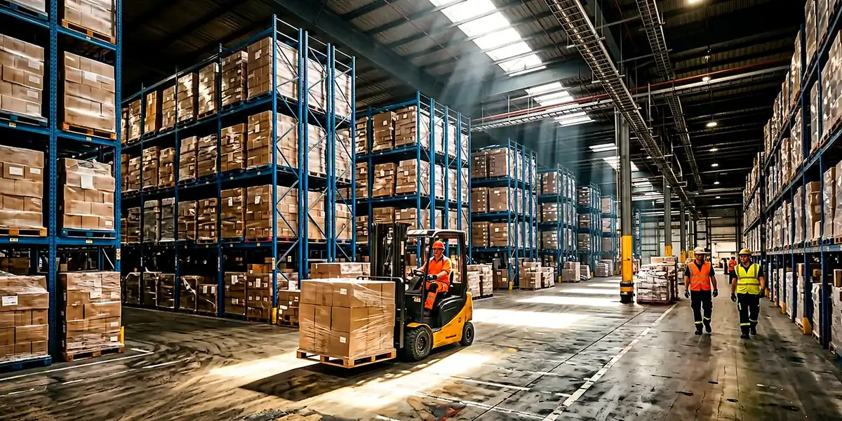 Warehouse worker driving a forklift through tall pallet racking, with staff walking nearby