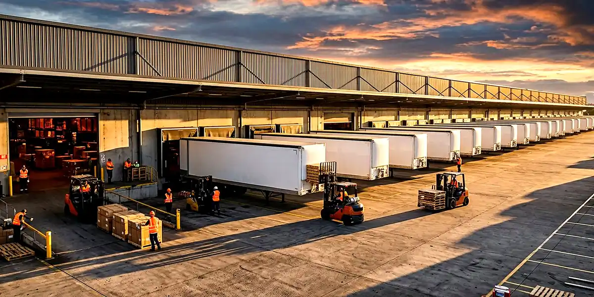 Loading dock with multiple trailers being loaded by forklifts at sunset