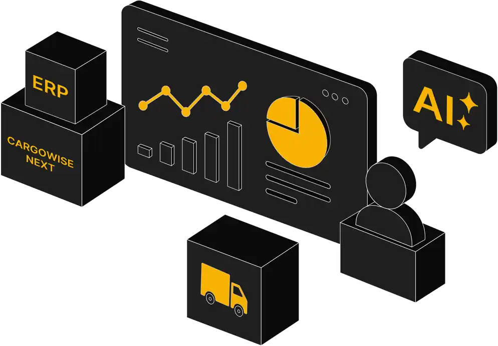 Illustration of a BI dashboard connected to CargoWise Next, AI insights, and logistics operations