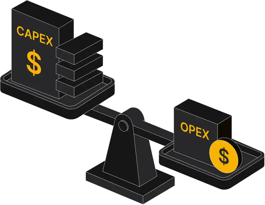 Illustration of a balance scale weighing a heavy CAPEX stack against a lighter OPEX coin, representing lower ongoing costs