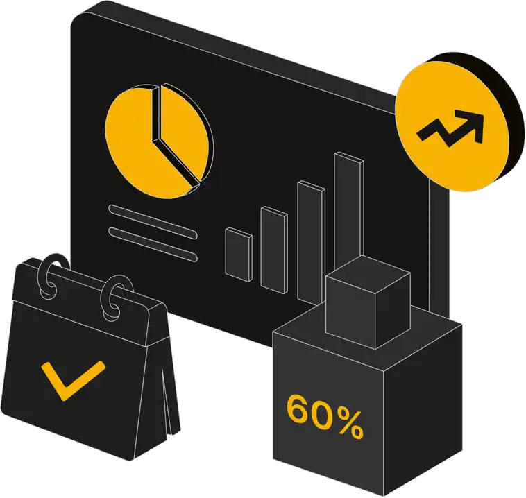 Illustration of a BI dashboard, calendar, and growth chart representing 60% of requirements delivered from day one