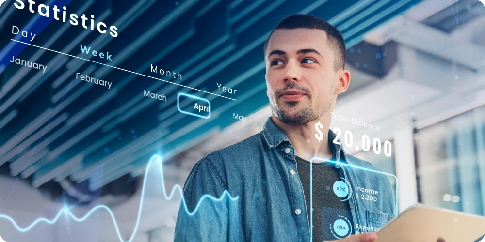 Business professional analyzing KPIs and performance dashboard data, highlighting CargoWise's role in financial insights.