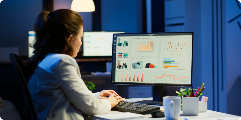 A Person analyzing sales and finance data on a BI dashboard with charts and graphs to identify ways to increase profit margin.