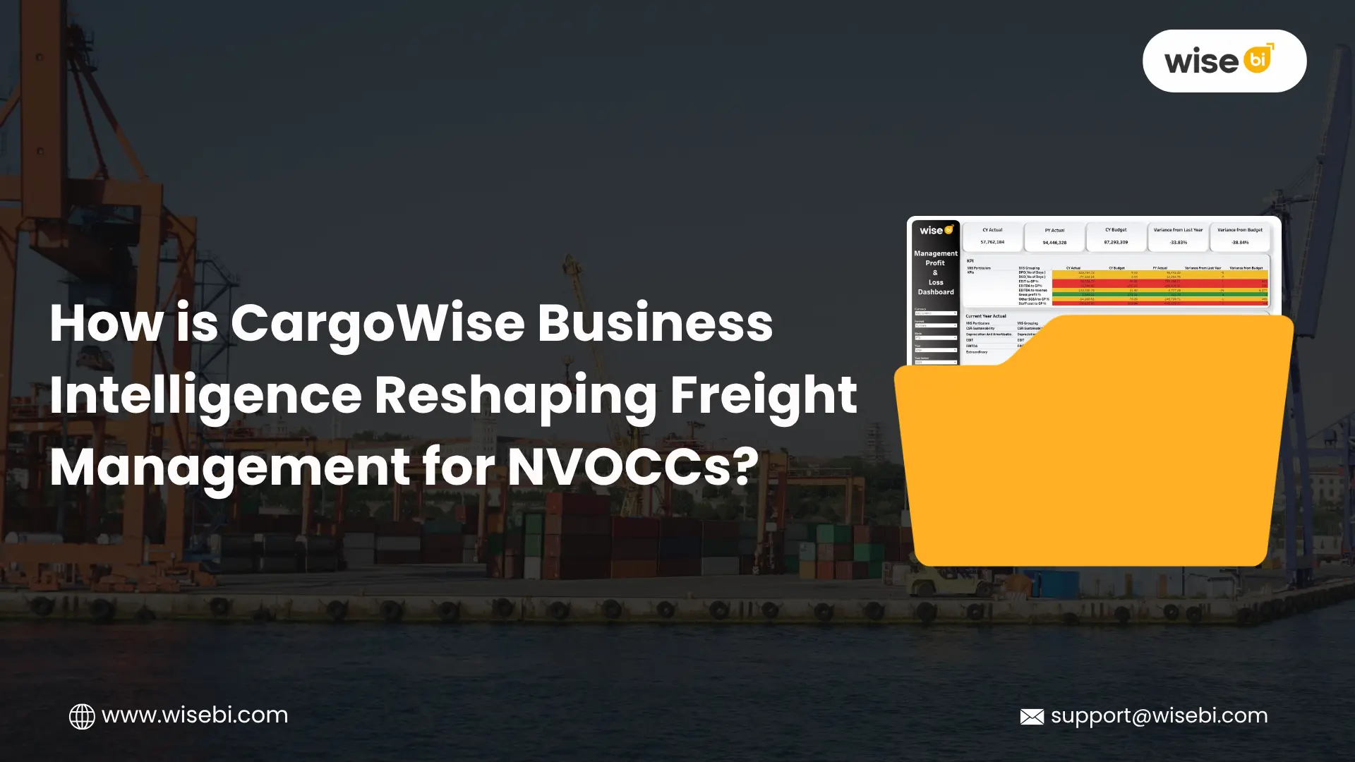 CargoWise Business Intelligence dashboard showing NVOCC freight performance, trade lanes, customers, costs, margins, and operational KPIs - WiseBI